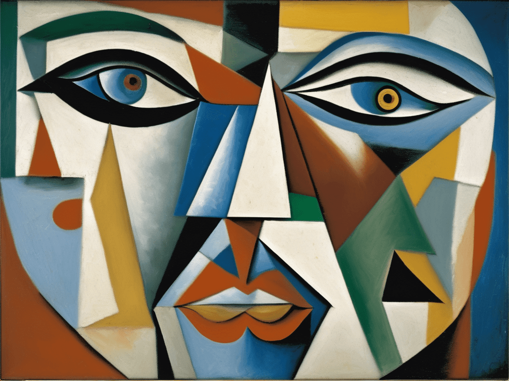 a painting of a woman in the art style of cubism, deep colors