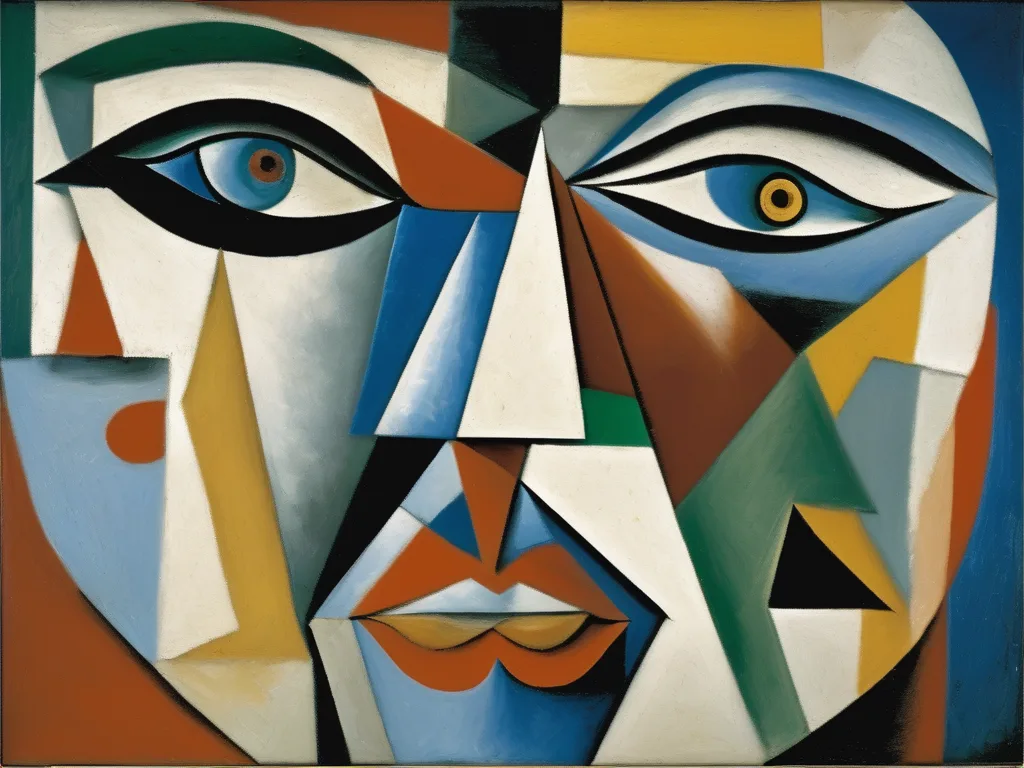 a painting of a woman in the art style of cubism, deep colors