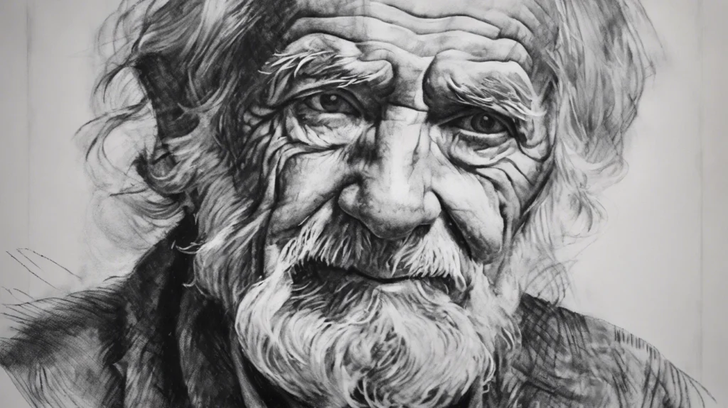 brushstroke direction: a black and white painting of an old man using crosshatching