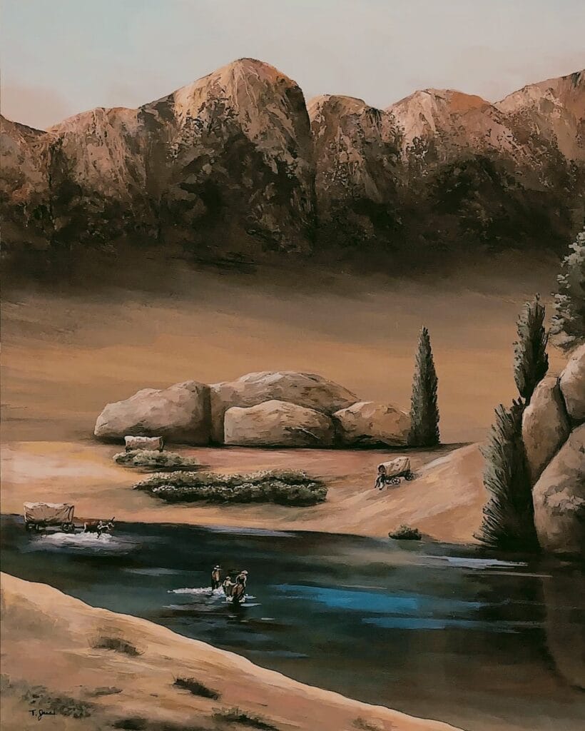 pioneer crossing depicts a group of pioneers crossing a riverbed, one of the most brilliant pieces within Trese Judd's Portfolio