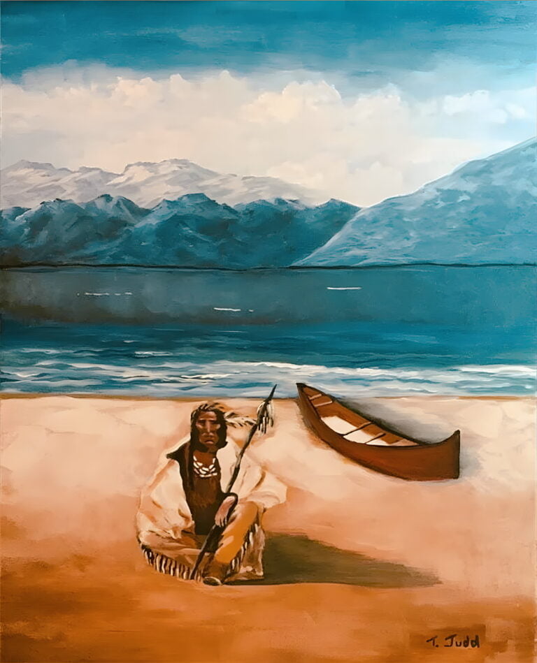 a painting of a lone voyager - a Native American man sitting on a shore.