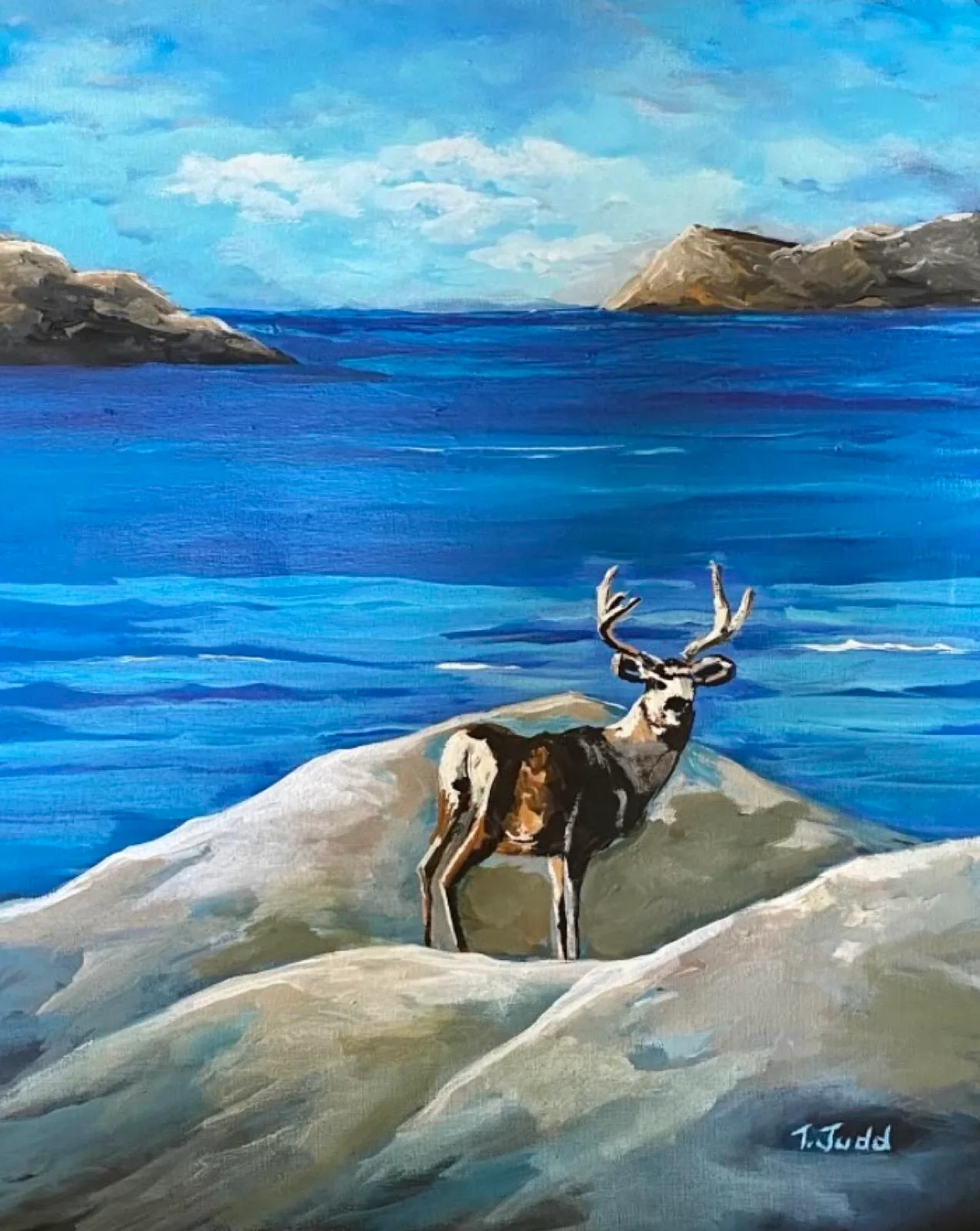 a rocky mountain elk in front of a vivid blue lake