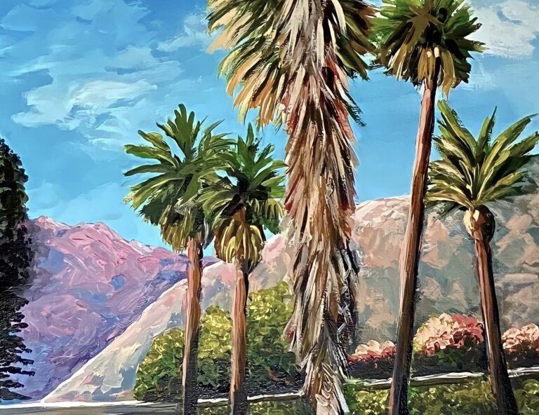 vibrant, colorful painting of palm trees in palm springs