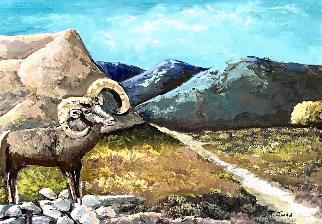 A stunning sheep painting, titled "Desert Ramblings".