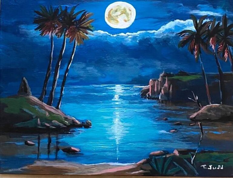 lunar tides: a painting of a full moon hanging over and casting it's light down on the sea.