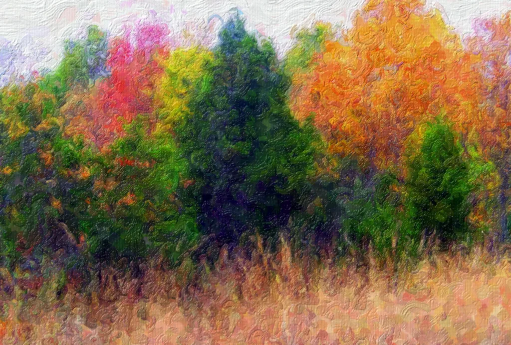 acrylic artistry, an acrylic painting of multi colored trees.
