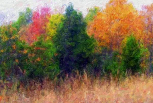 acrylic artistry, an acrylic painting of multi colored trees.
