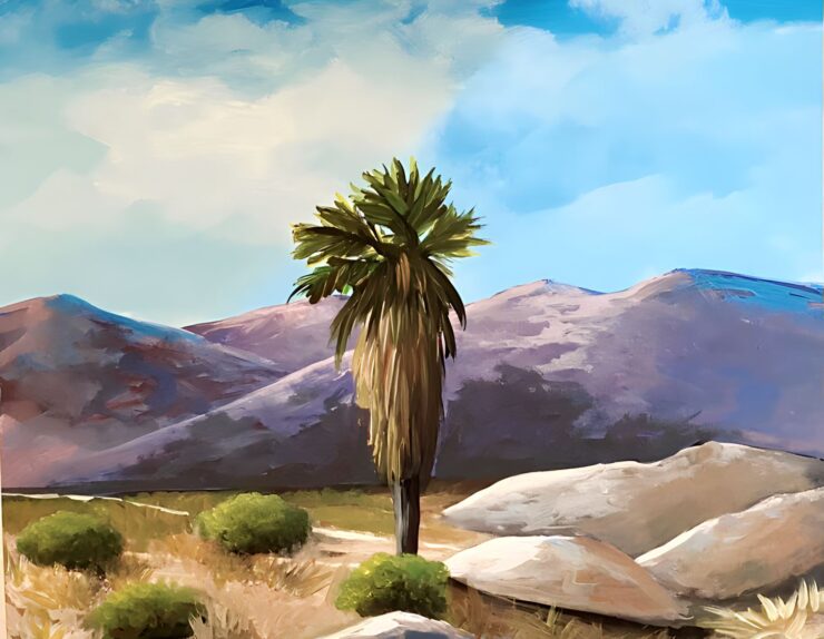 a lone palm stands by itself, amidst the southern Californian desert