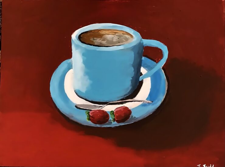 a cup of coffee, with berries on blue plate