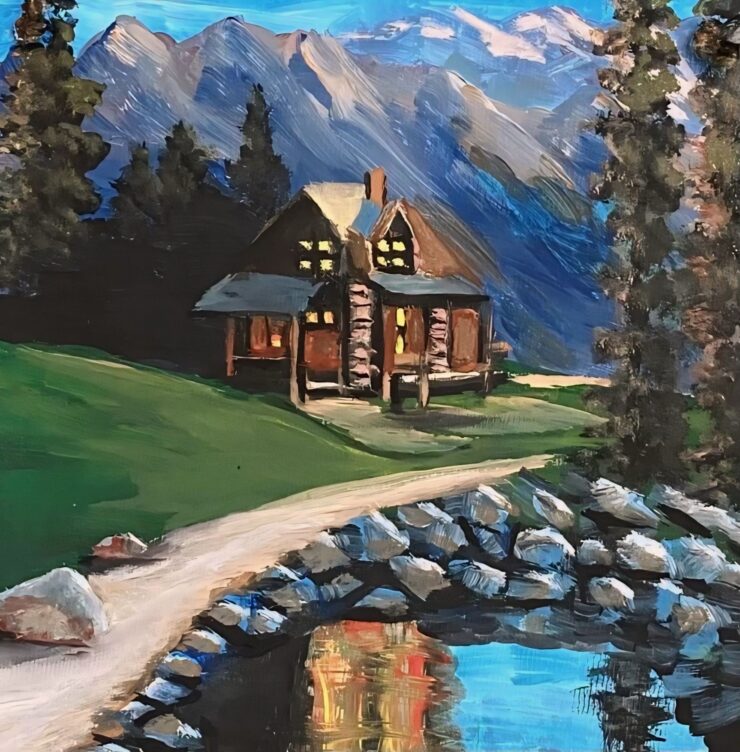 A photo of a small, square, acrylic on wood painting by contemporary artist Trese Judd, titled "Cabin Fever" - depicting a picturesque cabin the woods.