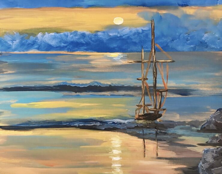 A photo of an original painting by contemporary artist Trese Judd titled "Maritime Moonscape," depicting a sailboat at sea, the water reflecting the light of the moon.