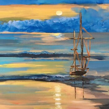 A photo of an original painting by contemporary artist Trese Judd titled "Maritime Moonscape," depicting a sailboat at sea, the water reflecting the light of the moon.