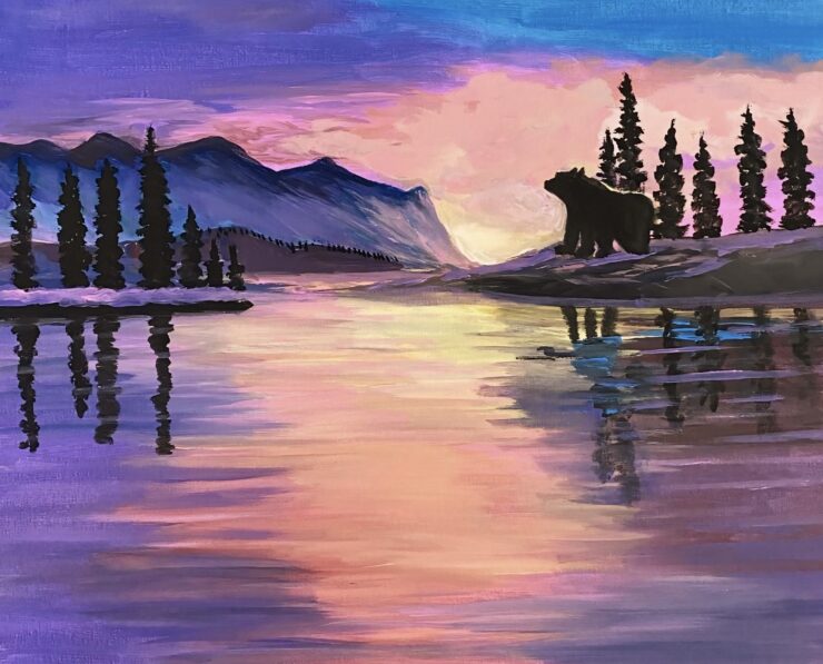 An original painting by Trese Judd titled "Evening Echoes," depicting a bear lakeside during a pink sunset and blue.