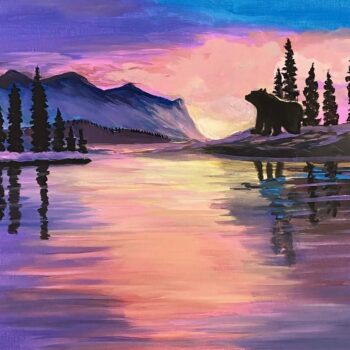 An original painting by Trese Judd titled "Evening Echoes," depicting a bear lakeside during a pink sunset and blue.
