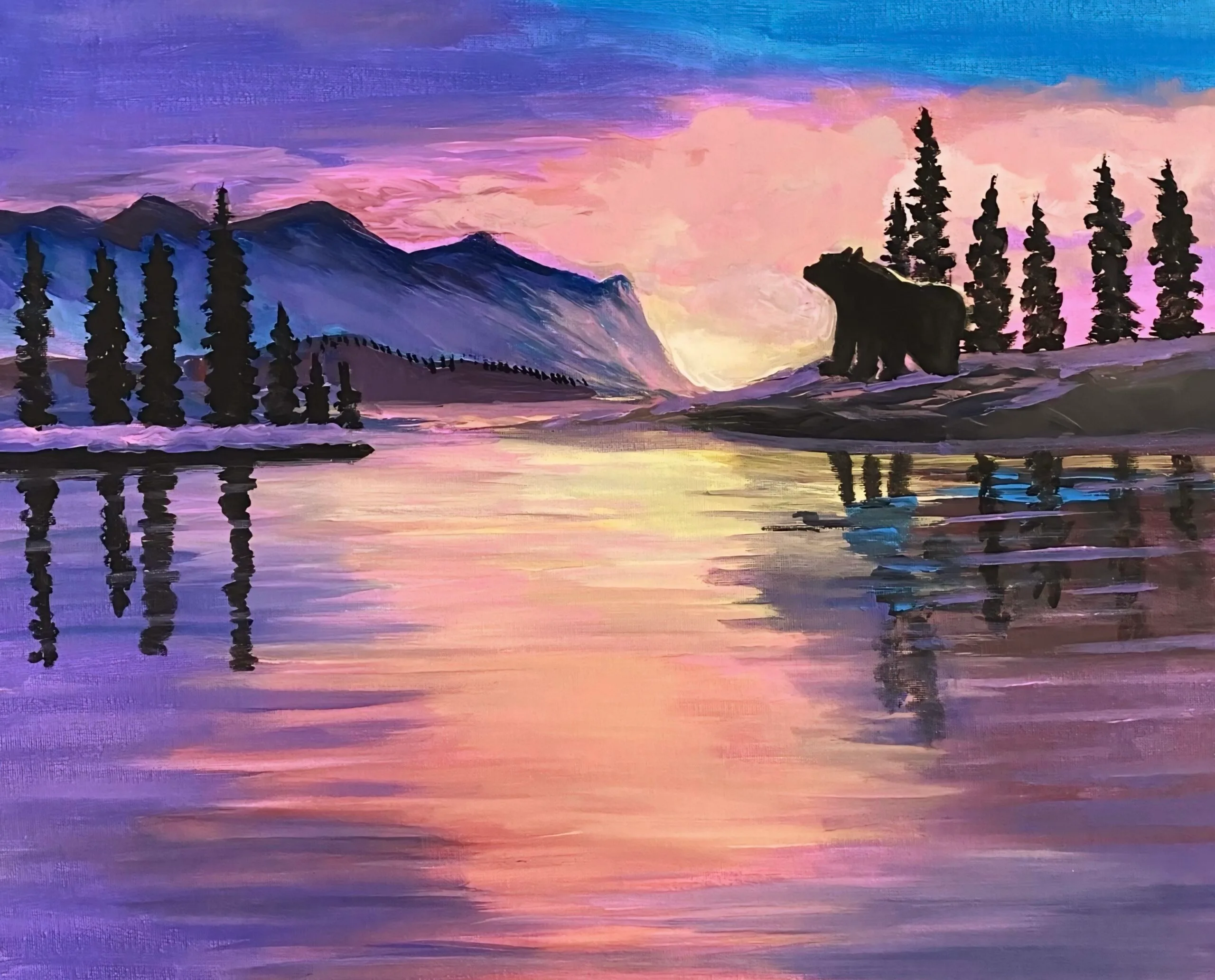 An original painting by Trese Judd titled "Evening Echoes," depicting a bear lakeside during a pink sunset and blue.