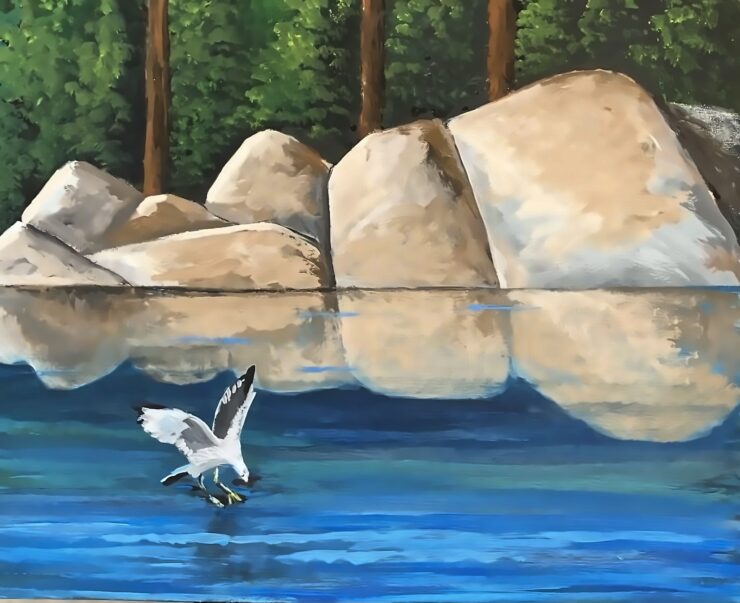 a seagull's touchdown upon lake waters