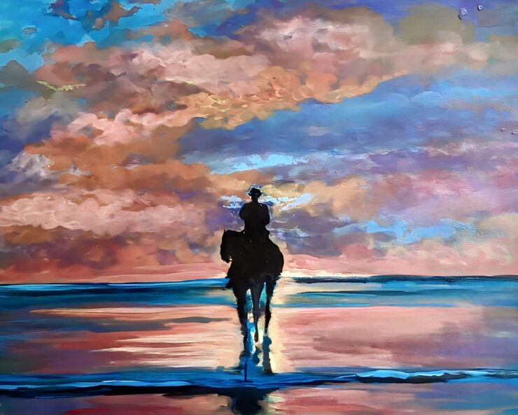 a painting of a man on a horse taking a sundown stroll