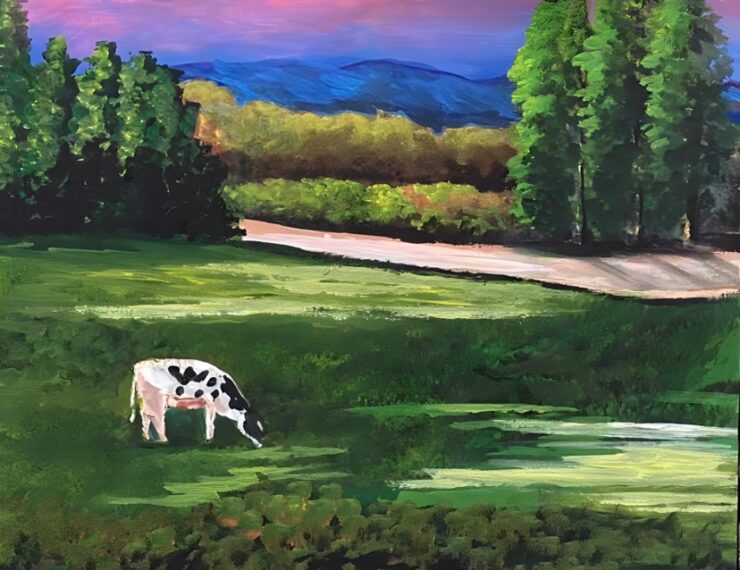 a painting of a cow on a green grass graze