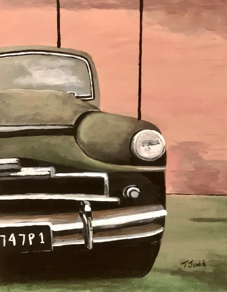 Green Glory by Trese Judd - one of the artist's most iconic pieces. It depicts an old classic car in an olive-green color, only half of which is visible. The car stands against a salmon-colored backdrop.