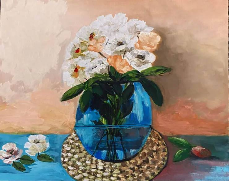 Woven Dreams by Trese Judd - a still-life painting depicting a bouquet of flowers on a woven plate.