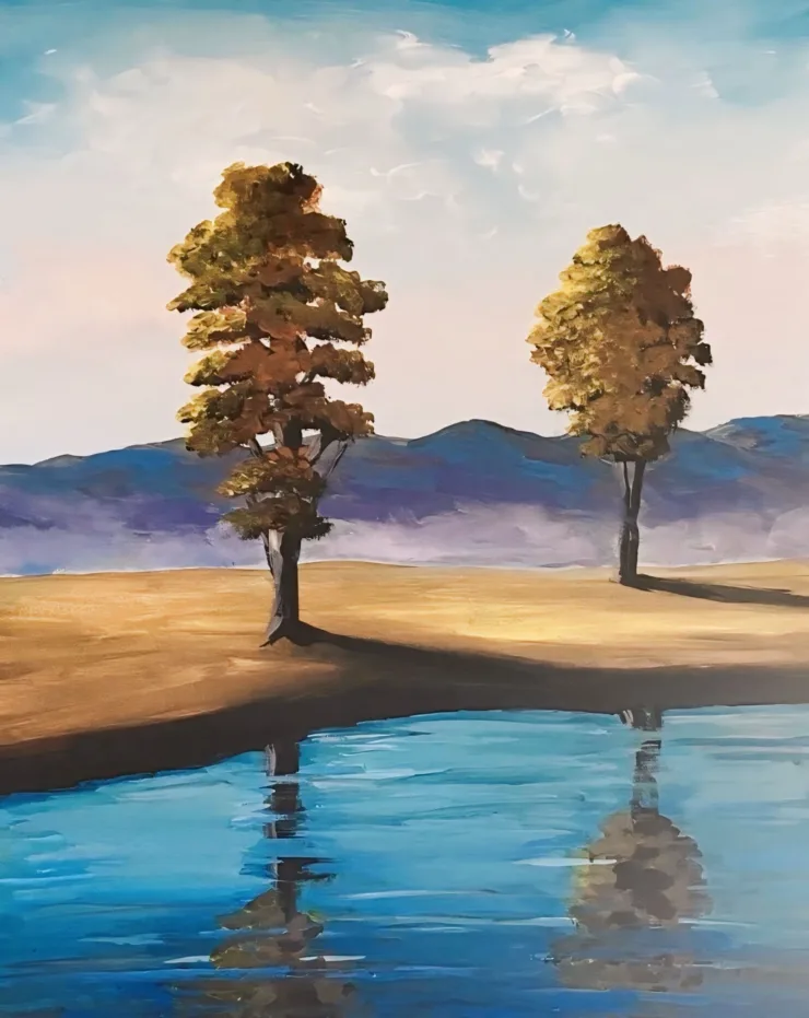 Nature's Canvas - original painting by Trese Judd depicting two trees standing tall behind a body of water.