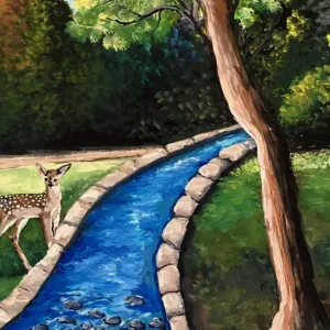 "Doe by the Brook" by Trese Judd depicts an adorable doe by a brook or stream in nature.