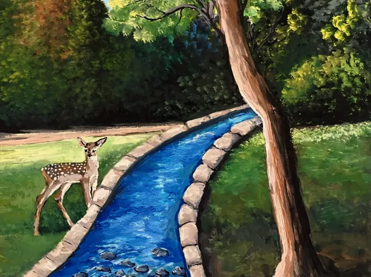 "Doe by the Brook" by Trese Judd depicts an adorable doe by a brook or stream in nature.