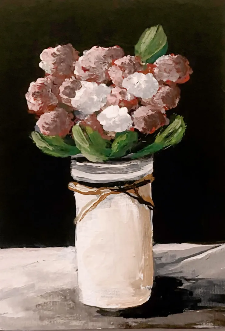 Midnight Mason Blooms by Trese Judd, depicts a captivating still-life seen of pretty pink flowers in a white mason jar against a black backdrop.