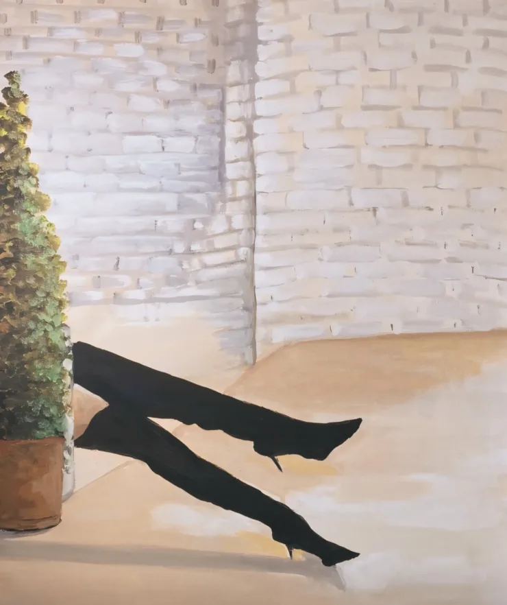 This painting, titled "Ivy's Illusion," depicts a white wall with a woman in tall black boots, only the boots and a small portion of her leg are showing.