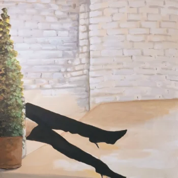 This painting, titled "Ivy's Illusion," depicts a white wall with a woman in tall black boots, only the boots and a small portion of her leg are showing.