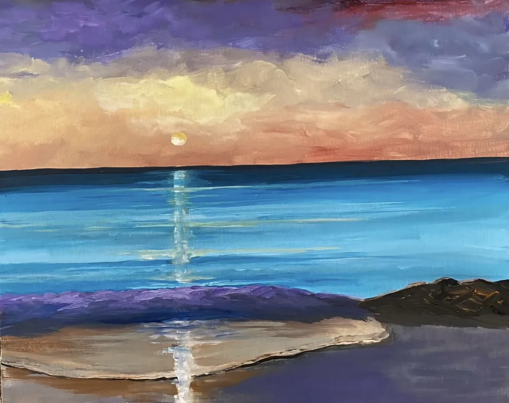 "Luminous Horizon" original painting by Trese Judd depicts a seascape at twilight with vibrant ocean waters and a pastel sky.