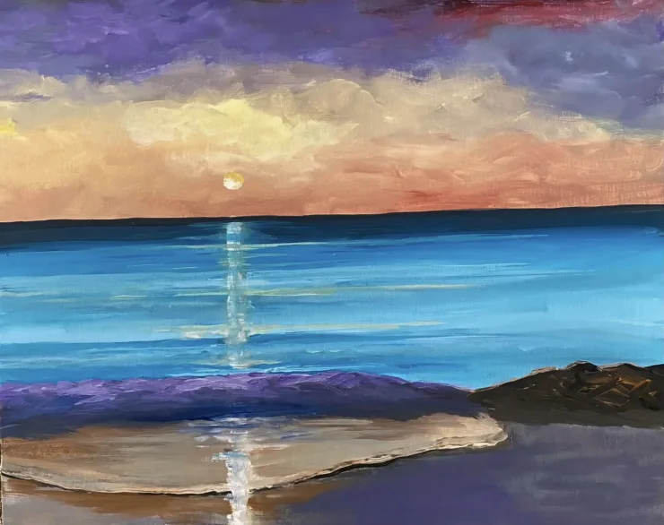 "Luminous Horizon" original painting by Trese Judd depicts a seascape at twilight with vibrant ocean waters and a pastel sky.