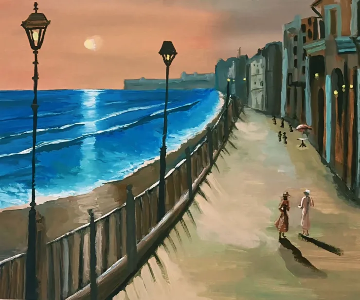 "French Boardwalk" by Trese Judd depicts a boardwalk in France lined with street lights and people walking on it.