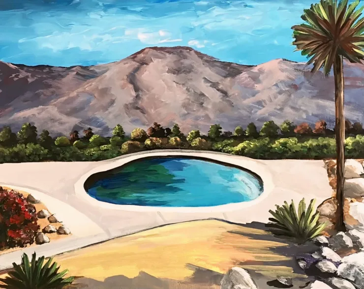 "Silent Retreat" original painting by Trese Judd depicts the backyard of a property in the Coachella Valley.