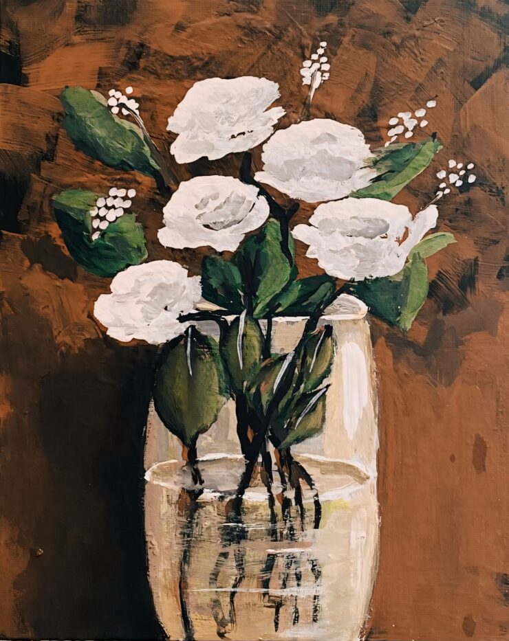 Lace and Leather by Trese Judd, a beautiful original painting that depicts white roses against a brown leather-like background.