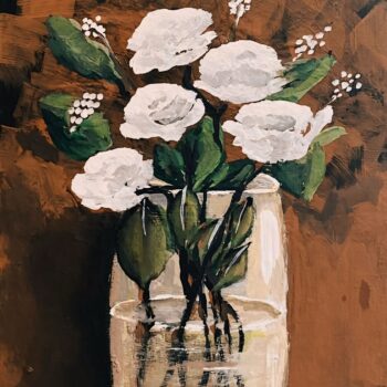 Lace and Leather by Trese Judd, a beautiful original painting that depicts white roses against a brown leather-like background.