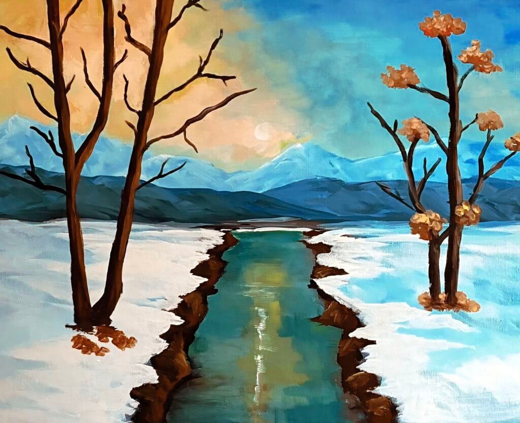 A vibrant winter painting, featuring a tree on either side of a narrow stream. The landscape is covered in snow.