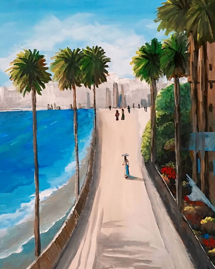 Where Palms Meet the Heavens by Trese Judd is an original acrylic painting depicting a coastal scene with several tall palm trees, vertical in orientation.