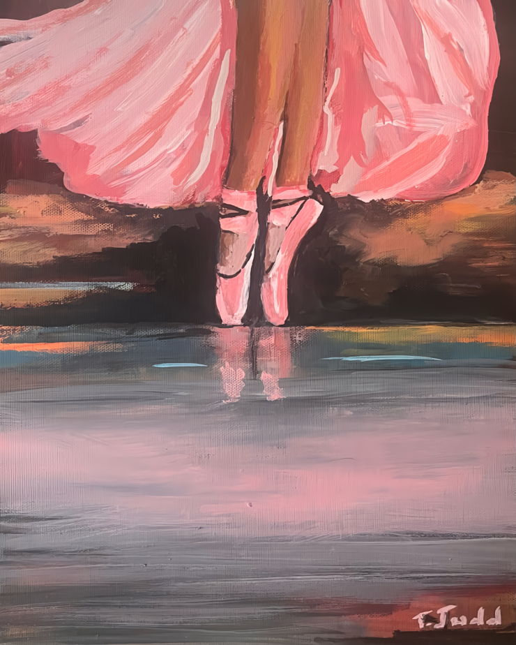 An impressionistic rendering of a ballet themed painting by Trese Judd, titled "Dancing in the Rain".