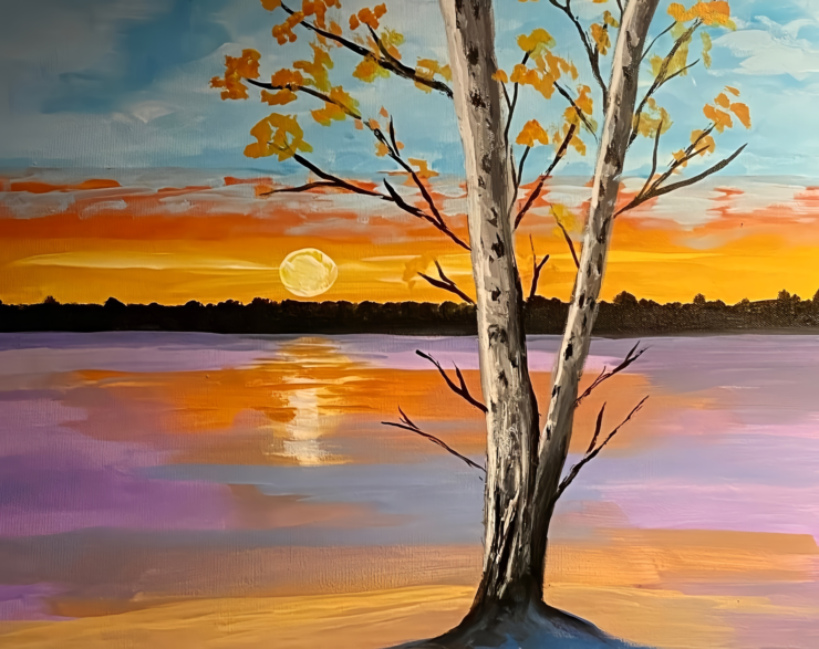 An original acrylic birch tree painting by contemporary artist Trese Judd titled "Golden Hour Birch".