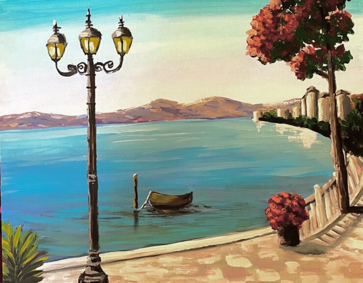 A beautiful lake painting by Trese Judd, titled "Lakeside Lamppost"