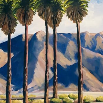 Painted Palms by contemporary artist Trese Judd features five tall, slender palm trees in the Palm Springs, California. In the background, majestic mountains in hues of taupe and pale sienna, with shadows of midnight blue. The scenery is completed by s pale blue sky and some bushes lining the bottom of the canvas.
